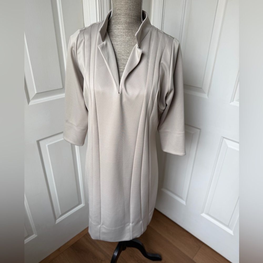 GRETCHEN SCOTT Womens Tuck Me In Dress Beige Scuba Sheath Neutral Earthy Size Lg - Picture 2 of 5